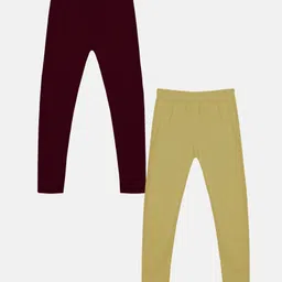 Kiddopanti Pack Of 2 Solid Leggings - Maroon & Beige-picture-35