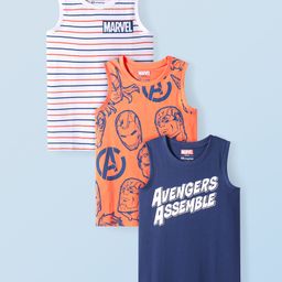 Honeyhap Marvel Single Jersey Sleeveless Vests with Stripes & Avengers Graphic Pack Of 3 - Orange & Blue-image-12