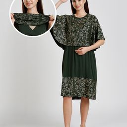 True Shape Embosis Hosiery Half Batwing Sleeves Floral Foil Printed Maternity Poncho Dress With Nursing Access - Dark Green-16