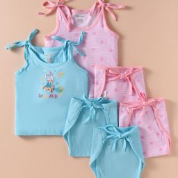 OHMS Single Jersey Knit Singlet Sleeves Slips & Cloth Nappies With Bunny & Heart Print Pack of 6 - Light Blue & Pink-13