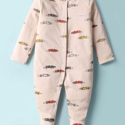 ToffyHouse Cotton Knit Full Sleeves Front Open Footed Sleep Suit with Car Print - Beige-picture-36