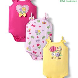 Babyoye 100% Cotton Knit Sleeveless Onesies with Floral Print & Bow Applique Pack Of 3 - Pink & Yellow-image-57