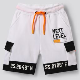 Primo Gino 100% Cotton Knit Knee Length Shorts With Cargo Pockets Text Print- White & Black-image-72