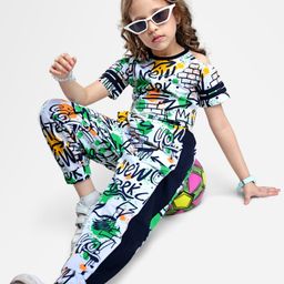 Ollington St. Cotton Co-Ord Set of Short Sleeves Top & Joggers with Graffiti Print - White Green & Yellow-image-29