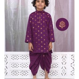 Little Bansi 100% Cotton Full Sleeves Floral Zari Embroidered Dhoti Kurta Set - Purple-image-90