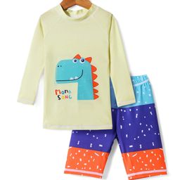 KIDLINGSS Full Sleeves Dinosaur Printed Tee & Trunks With Cap Set - Yellow & Blue-image-44