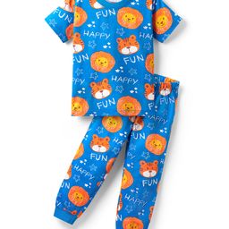 Babyhug Cotton Knit Half Sleeves Co-Ords Night Suit With Animal Print - Blue-image-78