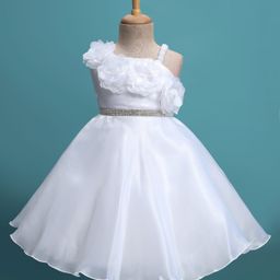 Babyhug Woven Sleeveless Party Dress With Floral Corsage & Embellished Waist Belt Deatiling - White-image-63