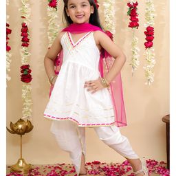BownBee Pure Cotton Woven Sleeveless Glitter Striped & Gota Lace Embellished Kurti & Dhoti With Dupatta Set - White-image-32