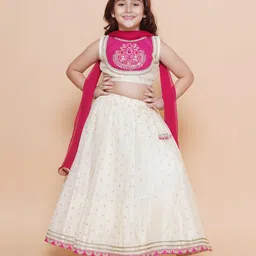Bitiya By Bhama Silk Woven Sleeveless Floral Embroidered Gota Lace & Sequins Embellished Lehenga Choli With Dupatta Set - White-picture-36