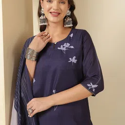 Anouk Floral Printed Thread Work Straight Kurta With Trousers And Dupatta image 2