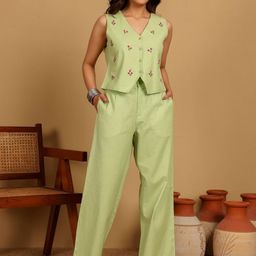 Chowkhat Embroidered Pure Cotton V-Neck Waistcoat & Trousers Co-Ord set-image-8