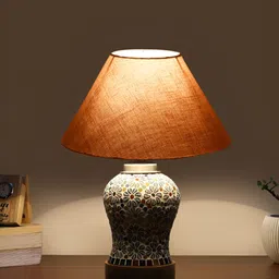 Devansh Grey Textured Traditional Frusturical Shaped Wooden Table Lamp & Mosaic Glass-33