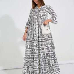 Styli Black & White Printed Maxi Dress-image-11