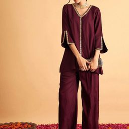 Fashion Ritmo Floral Sequence Embellished V-Neck Top With Trouser-13