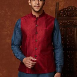 Fabindia Maroon Comfort Fit Printed Nehru Jacket-image-84