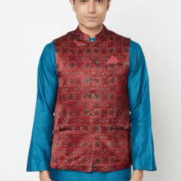 Fabindia Red Sleeveless Mandarin Collar Nehru Jacket-image-46