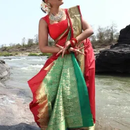 Banarasi Silk Works Red Woven Saree With Unstitched Blouse-image-84