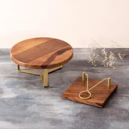 Nestroots Brown Wood Napkin Holder & Cake Stand Combo-33