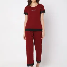 Vero Moda Intimates Maroon Cotton Lace T-Shirt With Pyjamas-picture-11