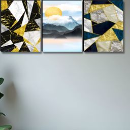 Aura Blue & Gold-Toned 3 Pieces Printed Wooden Wall Paintings-image-96