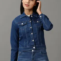 SHOWOFF Navy Blue Solid Denim Jacket-image-6