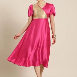 Qurvii Desi Pink Brocade A Line Dress-image-18