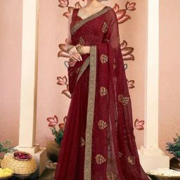 Satrani Maroon Georgette Embroidered Saree With Unstitched Blouse-image-4