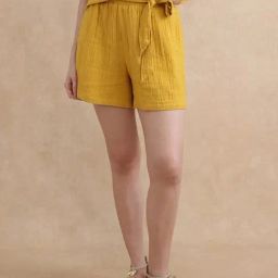 RAREISM Mustard Cotton Solid Shorts-image-21