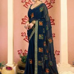 Satrani Blue Georgette Embroidered Saree With Unstitched Blouse-image-17