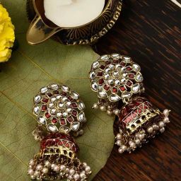 Fida Women Gold-Toned & Red Dome Shaped Jhumki Earrings-14