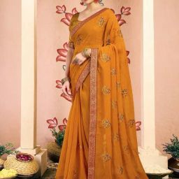Satrani Yellow Georgette Embroidered Saree With Unstitched Blouse-picture-34