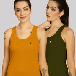 Friskers Mustard & Green Cotton Sports Tank Top - Pack Of 2-image-21