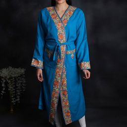Exotic India Enamel-Blue Aari Hand-Embroidered Flowers Kashmiri Robe From Kashmir-22