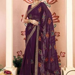 Satrani Purple Georgette Embroidered Saree With Unstitched Blouse-image-99
