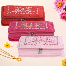 Kuber Industries Pink & Red 3 Pieces Floral Embroidery Light- Weight Jewellery Organisers-13