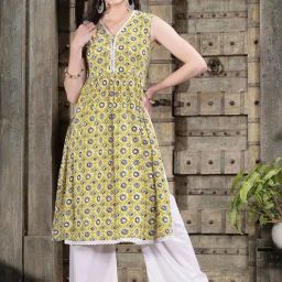 Stylum Yellow Cotton Printed Pleated Kurta-picture-31