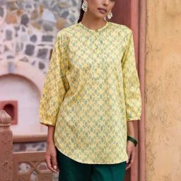 House Of Chikankari Glazed Cotton Hand Block Printed Women's Short Kurta - Yellow-picture-19