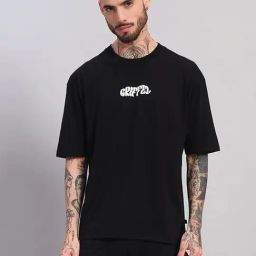 Griffel Black Cotton Loose Fit Printed Sports T-Shirt-image-33