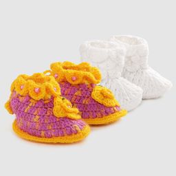 MayRa Knits Pack Of 2 Pearl Detailed Hand Knitted  Booties - White-picture-3