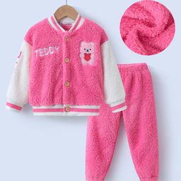 Kookie Kids Full Sleeves Front Open Winter Wear Suit With Teddy Embroidery - Pink-image-93
