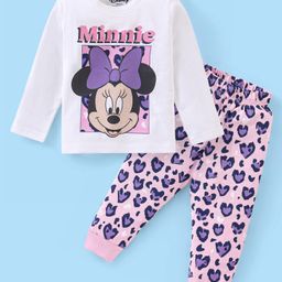 Babyhug Disney Single Jersey Knit Full Sleeves Night Suit with Minnie Mouse Graphics - White & Purple-image-99
