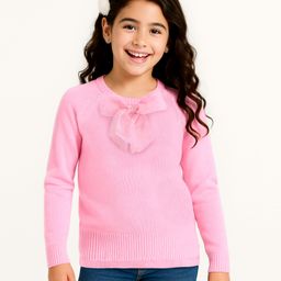 Arias Knitted Full Raglan Sleeves Pullover Sweater with Bow Applique - Pink-image-75