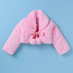 Yellow Apple Knit Full Sleeves Solid Colour Winter Fur Jacket With Bow Applique - Pink-image-84