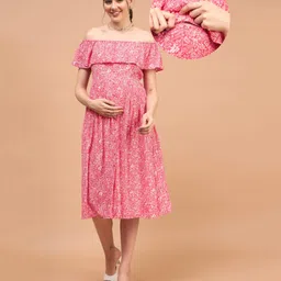 Shades of Sabi Floral Print Off Shoulder Maternity Nursing Dress- Red-picture-43