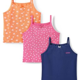 Pine Kids Cotton Lycra Knit Sleeveless Slips With Floral & Star Print Pack of 3 - Orange Pink & Navy Blue-image-88