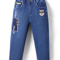 Olio Kids Full Length Washed Denim Jeans with Text Embroidery & Path - Blue-image-91