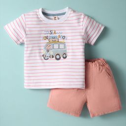 ToffyHouse Knitted Half Sleeves T-Shirt & Shorts Set with Beach Theme Embroidery - Pink & White-image-44