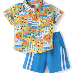 Babyhug Single Jersey Knit Half Sleeves Shirt & Shorts Set Dino Print- White & Blue-image-77