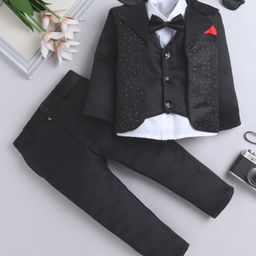 Fourfolds Full Sleeves Solid Short With Embellished Blazer Trousers & Bow Set - Black-image-62